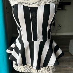 Windsor White/Black Striped Peplum Blouse Sleeveless Sheer Mesh Padded Sz Small